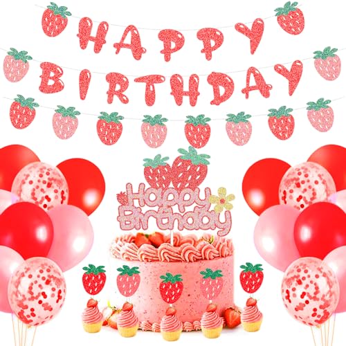 Erdbeer-Geburtstagsparty-Dekorationen für Mädchen, Obst-Themen-Zubehör, Happy Birthday-Banner, rosa rote Luftballons, Erdbeer-Kuchenaufsatz, Cupcake-Topper für Damen, 1. 2. Geburtstag und Babyparty von G-LOVELY'S