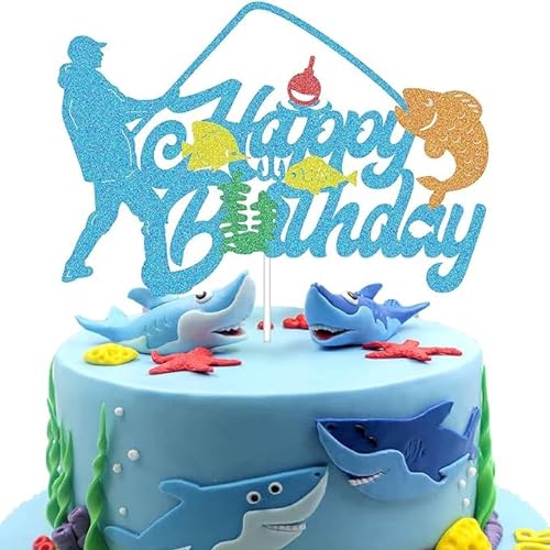 Fishing Cake Topper, Angler, Fisch Kuchen Deko, Glitzer Angeln Happy Birthday Tortenaufsatz für Jungen Mann Party Geburtstagstorte Dekoration von G-LOVELY'S