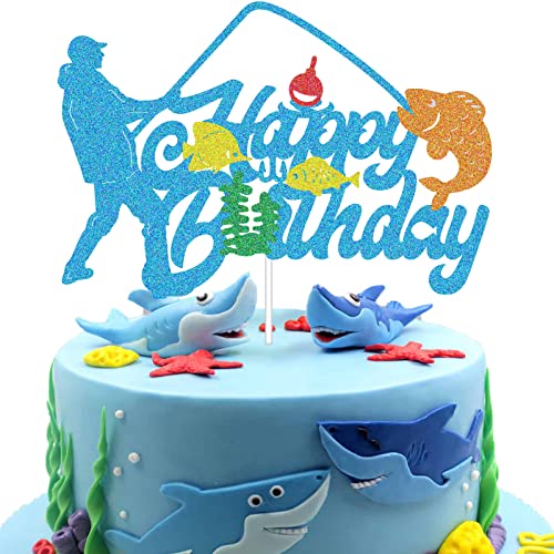 G-LOVELY'S Fishing Cake Topper, Angler, Fisch Kuchen Deko, Glitzer Angeln Happy Birthday Tortenaufsatz für Jungen Mann Party Geburtstagstorte Dekoration von G-LOVELY'S