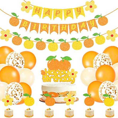 G-LOVELY'S 58pcs Orange Luftballon Set, Frucht Thema Latex Luftballons Geburtstag Dekoration Happy Mandarine Birthday Banner Cake Topper für Geburtstagsdeko Baby Shower Mädchen Sommerfest von G-LOVELY'S