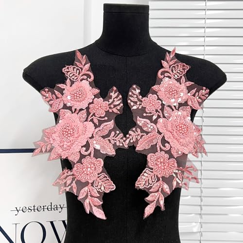 G-RUI 2 Stück/Paar Perlen Pailletten Stickerei Blume Spitze Applikationen für Hochzeitskleider Strass Spitze Applikation Patches Stickerei Parches Ropa für Kleidung (Rosa) von G-RUI