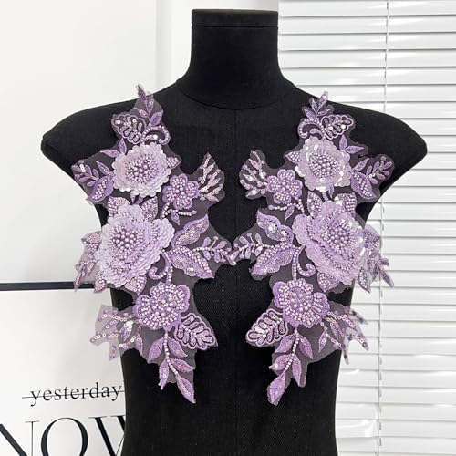 G-RUI 2 Stück/Paar Perlen Pailletten Stickerei Blume Spitze Applikationen für Hochzeitskleider Strass Spitze Applikation Patches Stickerei Parches Ropa für Kleidung (lila) von G-RUI