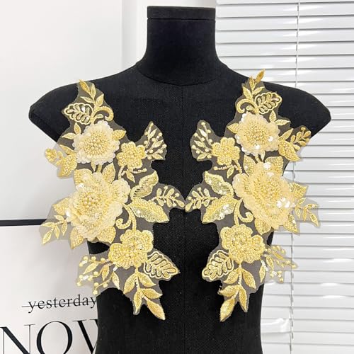 G-RUI 2 Stück/Paar Perlen Pailletten Stickerei Blume Spitze Applikationen für Hochzeitskleider Strass Spitze Applikation Patches Stickerei Parches ropa für Kleidung (gelb) von G-RUI