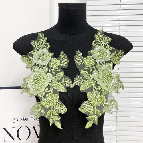 G-RUI 2 Stück/Paar Perlen Pailletten Stickerei Blume Spitze Applikationen für Hochzeitskleider Strass Spitze Applikation Patches Stickerei Parches ropa für Kleidung (grün) von G-RUI