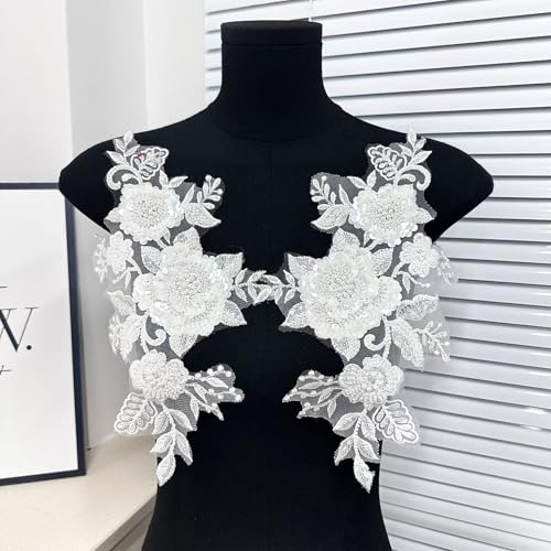 G-RUI 2 Stück/Paar Perlen Pailletten Stickerei Blume Spitze Applikationen für Hochzeitskleider Strass Spitze Applikation Patches Stickerei Parches ropa für Kleidung (weiß) von G-RUI