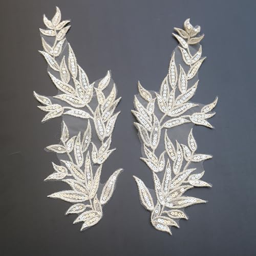 G-RUI 2 Stück/Paar goldene, silberne Pailletten-Blume, Bambus-Stickerei, Spitzen-Applikationen für Hochzeitskleider, Strassapplikationen, Stickerei, Spitze, Parches Ropa (Silber) von G-RUI