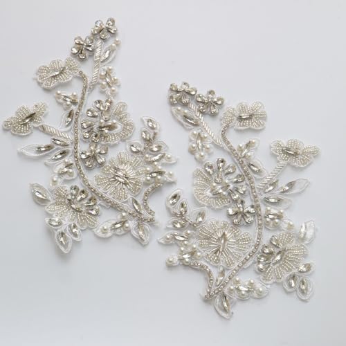 G-RUI 2 Stück/Paar luxuriöse Perlen-Pailletten, goldene, silberfarbene Blumenstickerei, Spitzenapplikationen für Hochzeitskleider, Strassapplikationen, Stickereien, Spitze, Parches Ropa... (Silber) von G-RUI