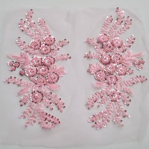 G-RUI 2 Stück/Paar luxuriöse Perlen-Pailletten-Blumenstickerei, Spitzenapplikationen für Hochzeitskleider, Strassapplikationen, Stickerei, Spitze, Parches Ropa (Rosa) von G-RUI