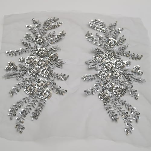 G-RUI 2 Stück/Paar luxuriöse Perlen-Pailletten-Blumenstickerei, Spitzenapplikationen für Hochzeitskleider, Strassapplikationen, Stickerei, Spitze, Parches Ropa (Silber) von G-RUI