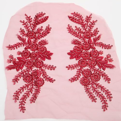 G-RUI 2 Stück/Paar luxuriöse Perlen-Pailletten-Blumenstickerei, Spitzenapplikationen für Hochzeitskleider, Strassapplikationen, Stickerei, Spitze, Parches Ropa (Weinrot) von G-RUI