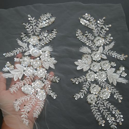G-RUI 2 Stück/Paar luxuriöse Perlen-Pailletten-Blumenstickerei, Spitzenapplikationen für Hochzeitskleider, Strassapplikationen, Stickerei, Spitze, Parches Ropa (weiß) von G-RUI
