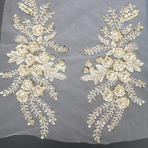 G-RUI 2 Stück/Paar luxuriöse Perlen-Pailletten-Blumenstickerei, Spitzenapplikationen für Hochzeitskleider, Strassapplikationen, Stickerei, Spitzenparches Ropa (Hellgold) von G-RUI