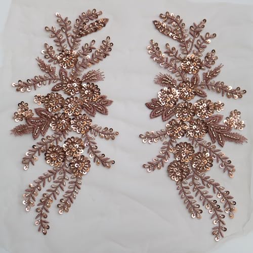 G-RUI 2 Stück/Paar luxuriöse Perlen-Pailletten-Blumenstickerei, Spitzenapplikationen für Hochzeitskleider, Strassapplikationen, Stickerei, Spitzenparches Ropa (Kaffee-Gold) von G-RUI