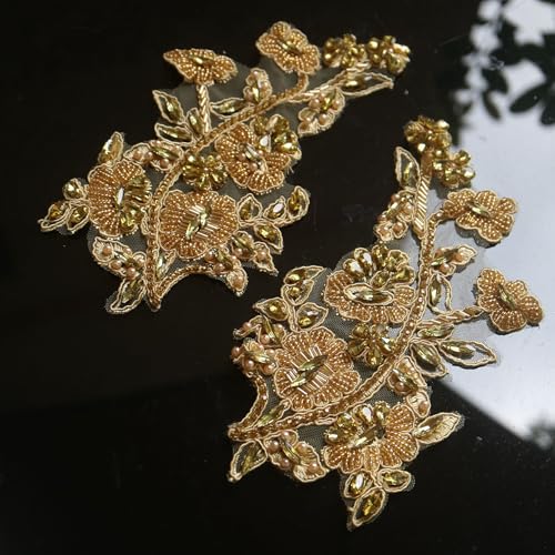 G-RUI 2 Stück / Paar luxuriöse Perlen-Pailletten, goldfarben, silberfarben, Blumenstickerei, Spitzenapplikationen für Hochzeitskleider, Strassapplikationen, Stickerei, Spitze, Parches Ropa... (Golden) von G-RUI