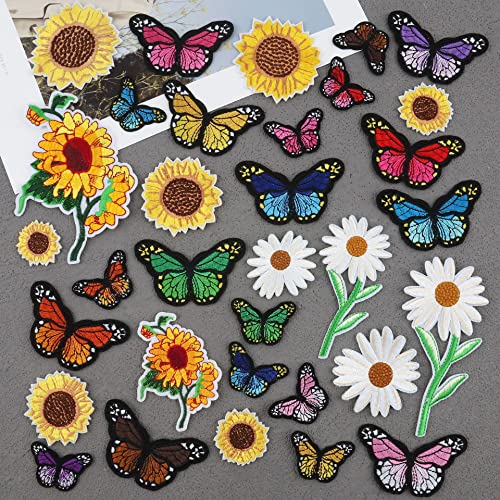 G-RUI 33-teiliges Set zum Aufbügeln, verschiedene bestickte Blumen- und Schmetterlingsflicken für Kleidung, DIY, Bügelbilder, Applikationen für Rucksack, Abzeichen, Kleidung, Dekoration von G-RUI