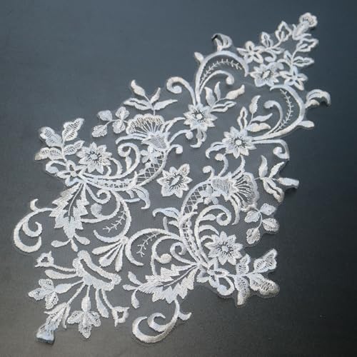 G-RUI Blumenapplikationen für Hochzeitskleider, bestickt, Blumenapplikationen für Brautkleider, bestickte Blumenapplikationen für Brautkleid, Weiß, Schwarz, 24,9 x 40,9 cm, Weiß von G-RUI