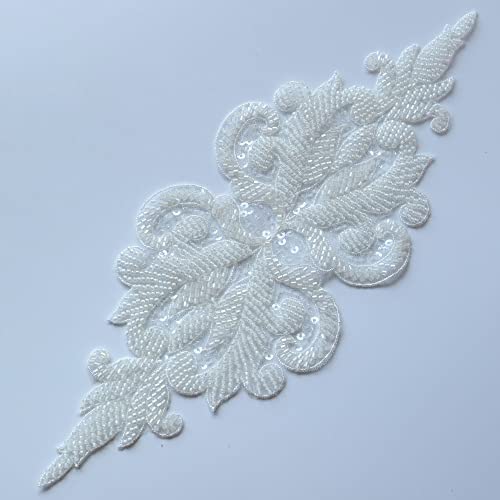 G-RUI DIY Luxus Perlen Stickerei Spitze Applikationen für Hochzeitskleider Strass Spitze Applique Patches Stickerei Spitze Parches Ropa (11 cm x 31 cm Weiß) von G-RUI