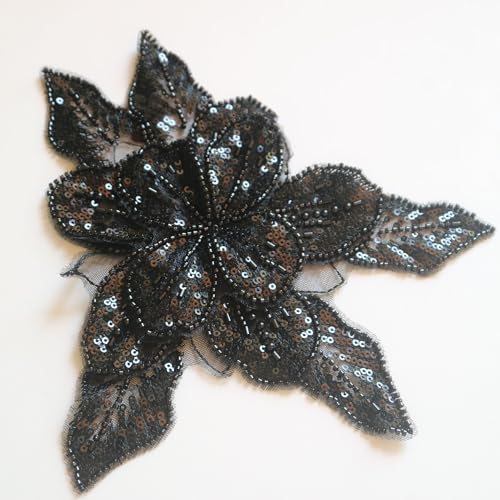 G-RUI DIY schwarze Blume bestickte Applikationen für Kleidung Pailletten Perlen Spitze Patches Zubehör für Hochzeitskleid Brautjungfer Kleidung Dekoration von G-RUI