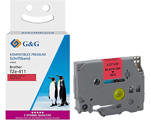 G&G Kompatibles Schriftband für Brother TZe-411 Schwarz auf Rot 12mm x 8m Etikettenband für Brother P-touch H105 H110 1000 1005 1010 1280 D400 PT-H105 PT-H110 von G&G
