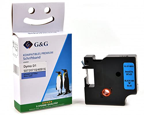 G&G Schriftband Kompatibel mit Dymo D1 Etikettenband 40916/S0720710 9mm X 7m Schwarz auf Blau als Ersatz für D1 Schriftband 40916/S0720710 für LabelManager 160 LM280 LM210D LM360D LM420P von G&G