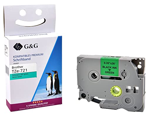 G&G Schriftband kompatibel für Brother P-Touch Tze-721 9mm x 8m, Schwarz auf Grün für Brother P Touch Cube PT-H100LB/R P710BT H105 E110 D400 H110 P300BT E300VP D210 von G&G