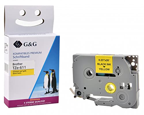 G&G Kompatibles Schriftband für Brother TZe-611 Schwarz auf Gelb 6mm x 8m Etikettenband für Brother P-touch H105 H110 1000 1005 1010 1280 D400 PT-H105 PT-H110 von G&G