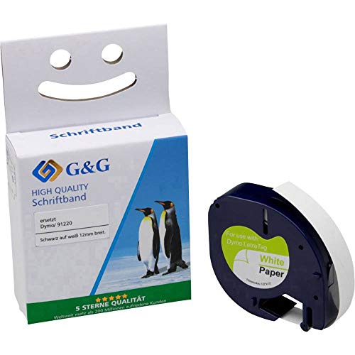 G&G Schriftband kompatibel für Dymo S0721520/ 91220 12mm x 4m Schwarz auf Weißem Papier-Etikett für Dymo Letratag XR LT-100H/LT-100H Etikettendrucker von G&G