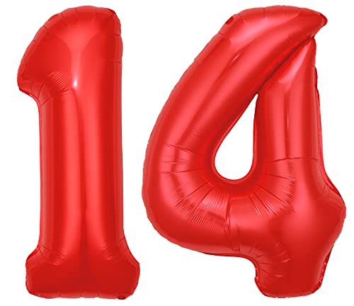Folienballon Zahl 14 Rot XL ca. 72 cm hoch - Zahlenballon/Luftballon für Geburtstagsparty, Jubiläum oder sonstige feierliche Anlässe (Nummer 14) von G&M