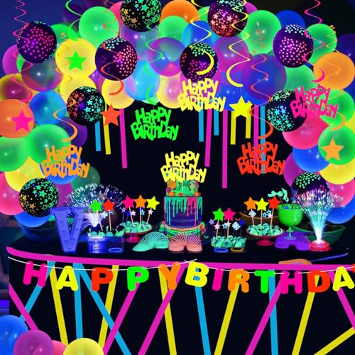 97 Stück Schwarzlicht Party Neon Party Deko Neon Luftballons Glow in the Dark Ballon Girlande Geburtstag Stern Cake Topper Happy Birthday Banner Fluoreszierendes Klebeband Neon Geburtstagsdeko von G.C