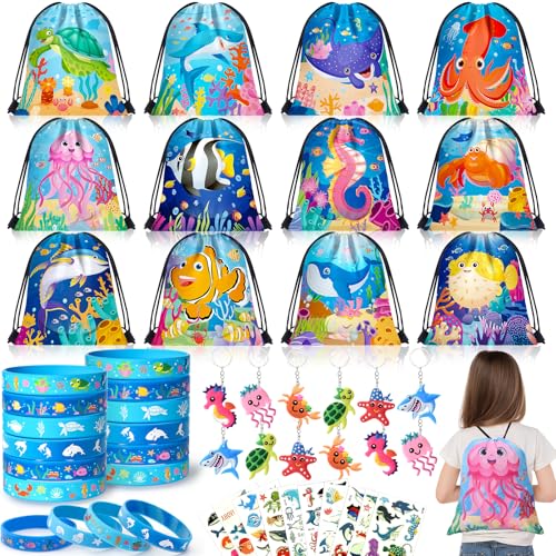 G.C 48Pcs Ozean Party Mitgebsel Kindergeburtstag Geschenktüten mit Kordelzugbeutel Meerestier Silikonarmband Schlüsselanhänger Leuchtende Tattoo Aufkleber Unterwasserwelt Give Aways Jungen Mädchen von G.C