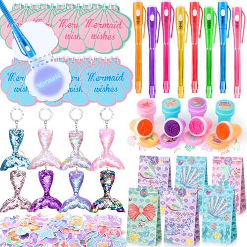 G.C Meerjungfrau Party Mitgebsel Kindergeburtstag mit UV Stift & Notizbuch & Kratzbilder Lesezeichen & Schlüsselanhänger, Meerjungfrauen Pinata Give Aways Gastgeschenk Kindergeburtstag Mädchen von G.C
