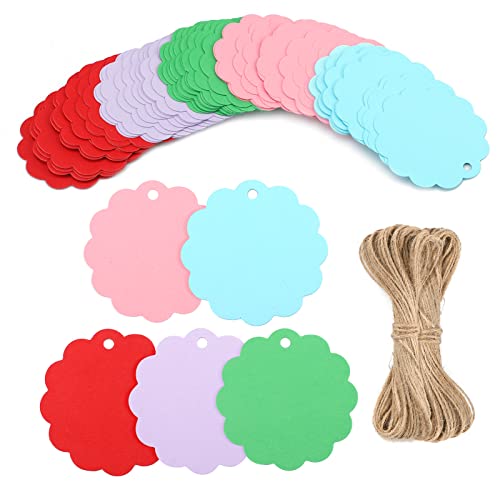 G2PLUS 6CM Rund Kraftpapier Anhänger, 100Stk. Multicolor Etiketten Tags, 300g/m² Geschenkanhänger Anhänger Etiketten mit Schnur für Geschenkverpackungen und Kunsthandwerk von G2PLUS