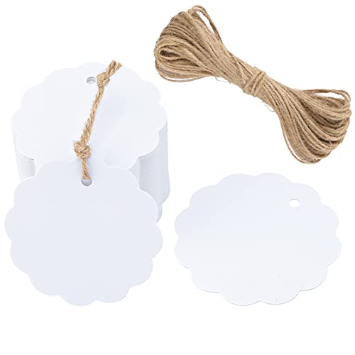 G2PLUS 6CM Rund Kraftpapier Anhänger, 50Stk. Weiß Etiketten Tags, 300g/m² Geschenkanhänger Anhänger Etiketten mit Schnur für Geschenkverpackungen und Kunsthandwerk von G2PLUS