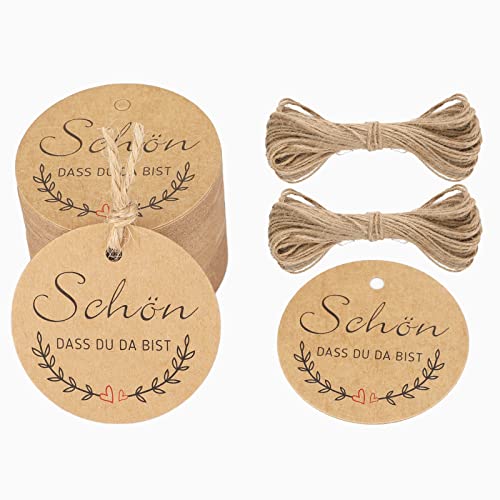 G2PLUS 5CM Geschenkanhänger SCHÖN DASS DU DA BIST Etiketten Anhänger Tags 100stk mit 20M Jute Schnur von G2PLUS