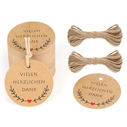 G2PLUS VIELEN HERZLICHEN DANK Geschenkanhänger, 5CM Dankeschön Geschenke Anhänger, Runden Danke Karten Anhänger für Gastgeschenke, 100stk Braun Etiketten Anhänger mit Schnur für Dankeschön Geschenke von G2PLUS