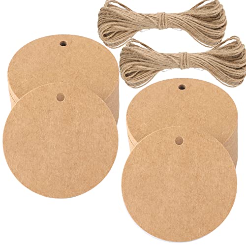 G2PLUS 100 Stk. Braun Geschenkanhänger, Rund Anhänger Etiketten, 5.5 CM kraftpapier Etiketten Tags mit Jute-Schnur, Blanko Papieranhänger für Art & Craft Projekt von G2PLUS