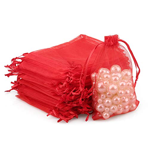 G2PLUS 100 Stück Rot Organzasäckchen, 10x15 CM Geschenk Organzabeutel, Hochzeit Organza-Beutelchen mit Kordelzug Sie als Hochzeit Bonbonsbeutel, Schmuckbeutel, Geschenkbeutel von G2PLUS