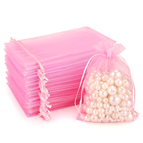 G2PLUS 100 Stück Rosa Organzasäckchen, 10x15 CM Geschenk Organzabeutel, Hochzeit Organza-Beutelchen mit Kordelzug Sie als Hochzeit Bonbonsbeutel, Schmuckbeutel, Geschenkbeutel von G2PLUS