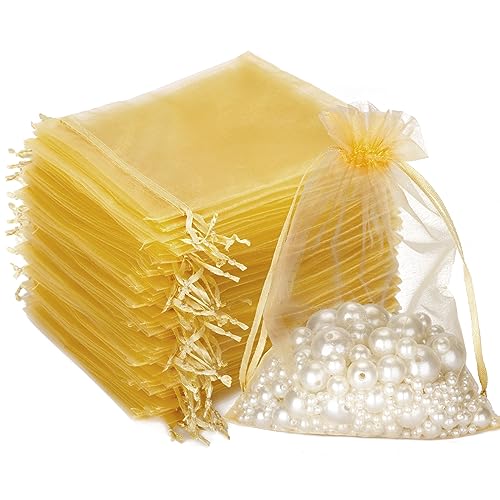 G2PLUS 100 Stück Gold Organzasäckchen, 13x18 CM Groß Geschenk Organzabeutel, Hochzeit Organza-Beutelchen mit Kordelzug Sie als Hochzeit Bonbonsbeutel, Schmuckbeutel, Geschenkbeutel von G2PLUS