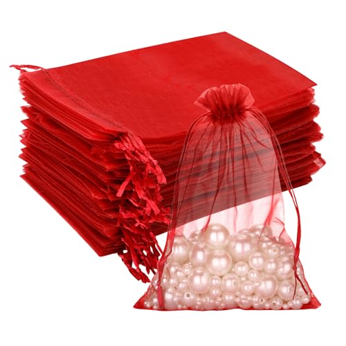 G2PLUS 100 Stück Rot Organzasäckchen, 13x18 CM Groß Geschenk Organzabeutel, Hochzeit Organza-Beutelchen mit Kordelzug Sie als Hochzeit Bonbonsbeutel, Schmuckbeutel, Geschenkbeutel von G2PLUS