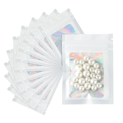 G2PLUS 9x12cm Kleine Holografische Beutel, Weiß Mylar Folienbeutel,100 Stück Verschließbare Plastiktüten, Druckverschlussbeutel Verwendet für die Lagerung von Süßigkeiten/Proben von G2PLUS