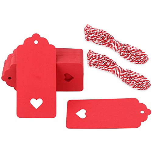 G2PLUS 100stk Geschenk Anhänger Rot, 4.5x9.5CM Kraftpapier Etiketten Tags, 300g/m² Geschenkanhänger Etiketten Herz mit Schnur für Hochzeit Geschenke zum Basteln von G2PLUS