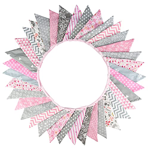 G2PLUS 10M Stoff Wimpelkette, Schöne Wimpelgirlande Stoffgirlande, Girlande Wimpel mit 36stk Anhänger Fahnen für Hochzeits Geburtstag Party-Rosa und Grau G2PLUS 10M Stoff Wimpelkette, Schöne Wimpelgirlande Stoffgirlande, Girlande Wimpel mit 36stk Anhänger Fahnen für Hochzeits Geburtstag Party-Rosa und Grau von G2PLUS