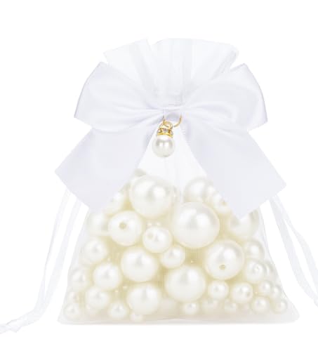 G2PLUS 10x12cm Weiße Organzasäcke mit Schleife Perlen: 30 Stück Kleine Organzabeutel mit Kordelzug, Ideal als Hochzeitsbonbonsbeutel, Schmuckbeutel, Geschenkbeutel von G2PLUS