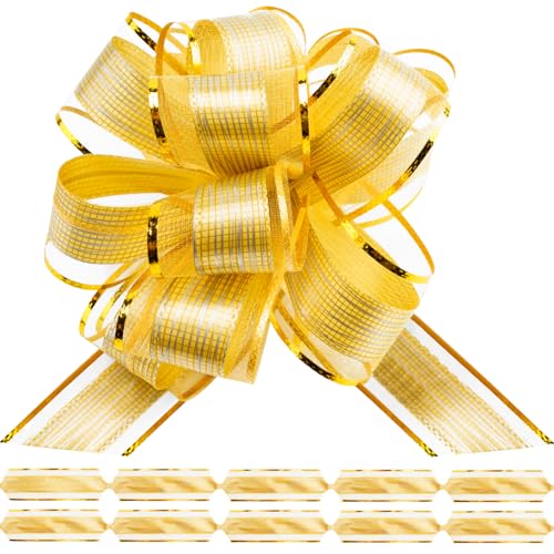 G2PLUS 12 Stück Gold Geschenkschleifen, Große Schleife für Geschenk, Dekoschleifen mit Geschenkband, Weihnachten Ziehschleifen für Weihnachtsdeko, Auto Deko, Basteln von G2PLUS