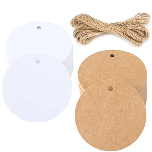 G2PLUS 200 Stk. Braun und Weiß Geschenkanhänger, Rund Anhänger Etiketten, 5.5 CM kraftpapier Etiketten Tags mit Jute-Schnur, Blanko Papieranhänger für Art & Craft Projekt von G2PLUS