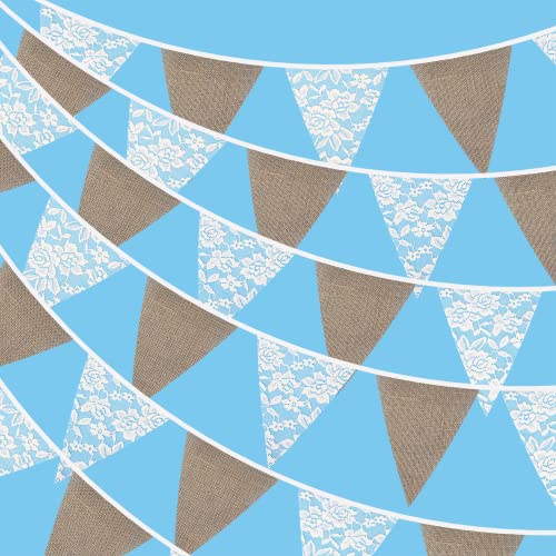 G2PLUS 3.3M Schöne Spitze Lace Wimpel Girlande mit 12 STK Süße Bunting Wimpelkette Farbenfroh Wimpeln für Draußen Hochzeit, 3.3m-Spitze+Jute von G2PLUS