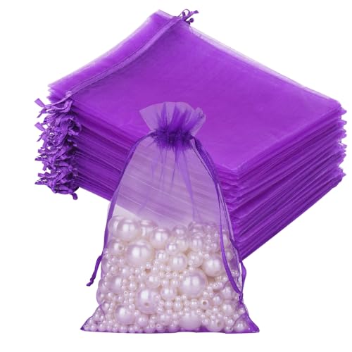 G2PLUS Violett Organzasäckchen, 10x15cm Geschenk Organzabeutel, 50 Stück Organza-Beutelchen mit Kordelzug Sie als Hochzeit Bonbonsbeutel, Schmuckbeutel, Geschenkbeutel von G2PLUS