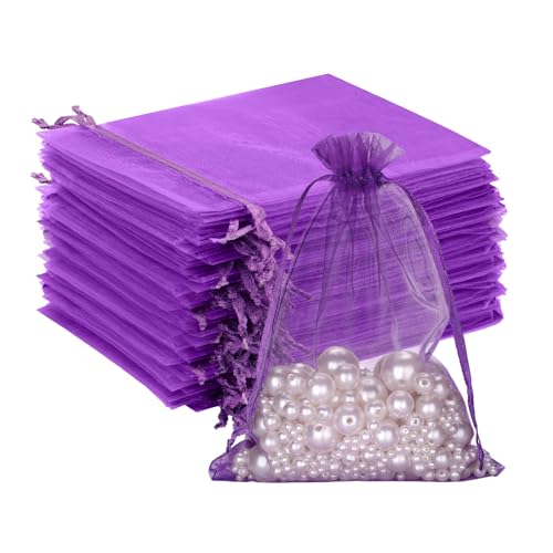 G2PLUS Violett Organzasäckchen, 10x15cm Geschenk Organzabeutel, 50 Stück Organza-Beutelchen mit Kordelzug Sie als Hochzeit Bonbonsbeutel, Schmuckbeutel, Geschenkbeutel von G2PLUS