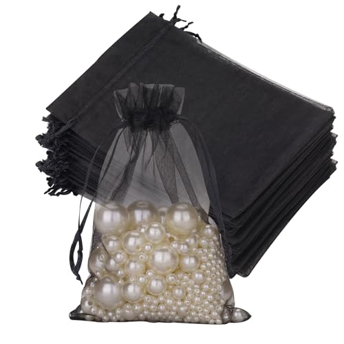 G2PLUS Schwarz Organzasäckchen, 10x15cm Geschenk Organzabeutel, 50 Stück Organza-Beutelchen mit Kordelzug Sie als Hochzeit Bonbonsbeutel, Schmuckbeutel, Geschenkbeutel von G2PLUS